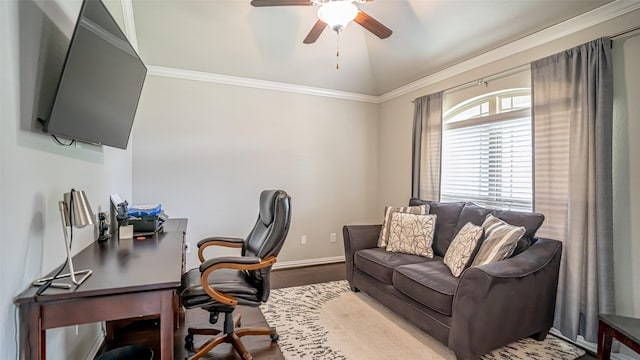 4100 Fanita Pl, Denton, TX 76210 - office space with a ceiling fan, wood finished floors, crown molding, and baseboards