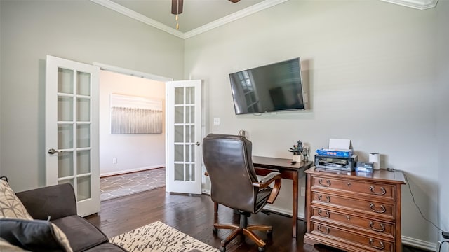 4100 Fanita Pl, Denton, TX 76210 - office with french doors, ornamental molding, dark wood-type flooring, ceiling fan, and baseboards