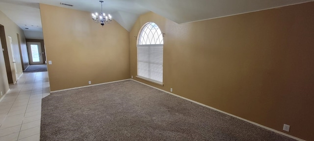 301 Crepe Myrtle Dr, Euless, TX 76039 - empty room featuring a chandelier, lofted ceiling, light colored carpet, and light tile patterned floors