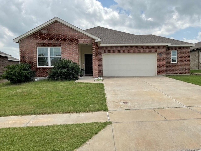 304 Gypsum Ln, Glenn Heights, TX 75154 - view of front of house featuring brick siding, a garage, concrete driveway, a front yard, and roof with shingles