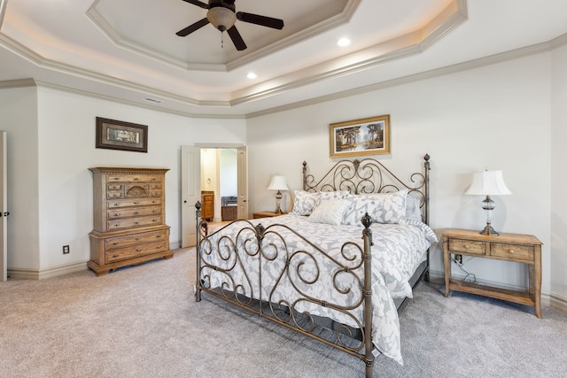 499 Savannah Hill Ln, Rockwall, TX 75032 - bedroom featuring a tray ceiling, carpet, crown molding, baseboards, and recessed lighting