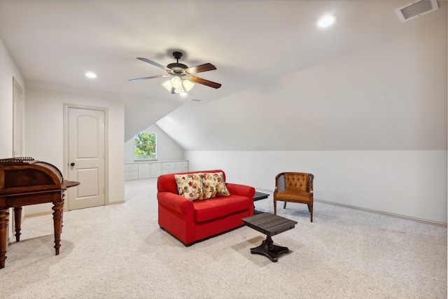 499 Savannah Hill Ln, Rockwall, TX 75032 - living area featuring carpet, a ceiling fan, lofted ceiling, recessed lighting, and baseboards