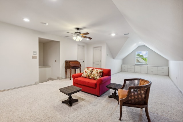 499 Savannah Hill Ln, Rockwall, TX 75032 - sitting room with carpet flooring, vaulted ceiling, a ceiling fan, and recessed lighting