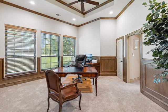 499 Savannah Hill Ln, Rockwall, TX 75032 - office area with light colored carpet, crown molding, healthy amount of natural light, a ceiling fan, and wainscoting