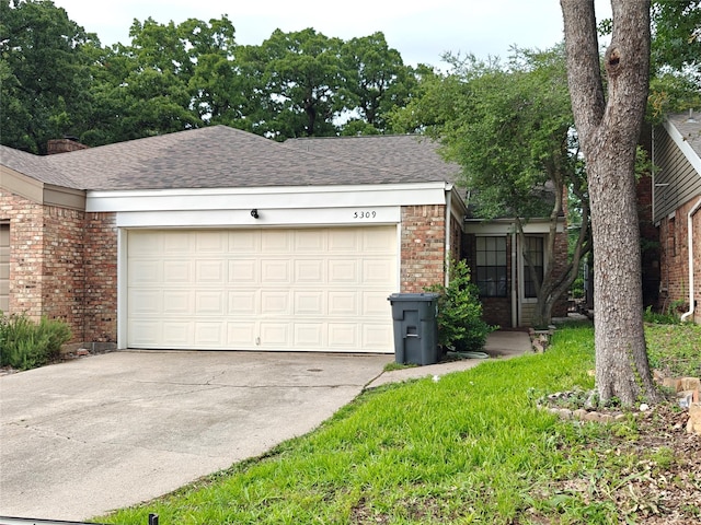 5309 San Mateo Ct, Arlington, TX 76017 - view of front of property with brick siding, concrete driveway, a garage, roof with shingles, and a chimney