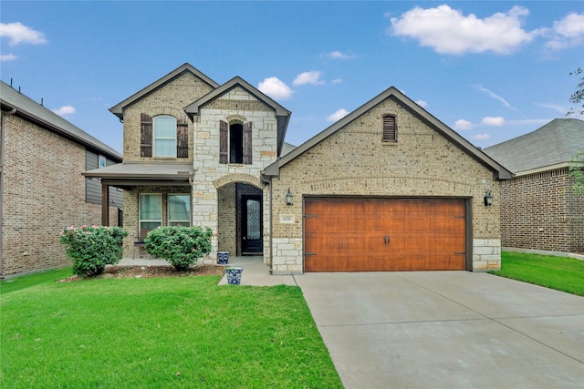 6158 Stillhouse Ln, Fort Worth, TX 76179 - french country style house featuring brick siding, stone siding, a garage, and a front lawn