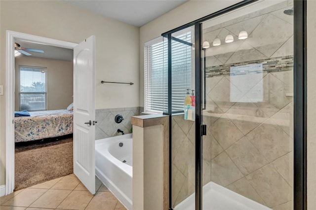 6158 Stillhouse Ln, Fort Worth, TX 76179 - ensuite bathroom with a garden tub, tile patterned floors, a shower stall, and a ceiling fan