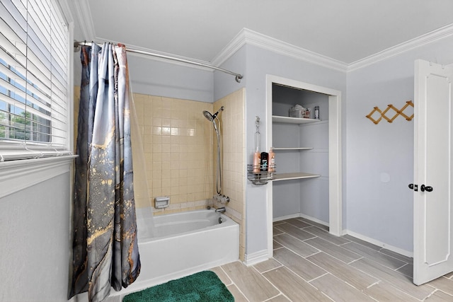 2913 Harlan Dr, Mesquite, TX 75150 - bathroom with shower / bathtub combination with curtain, ornamental molding, baseboards, and wood tiled floors