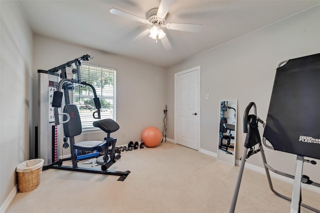 1301 Shell Beach Dr, Little Elm, TX 75068 - exercise room featuring ceiling fan, carpet, and baseboards