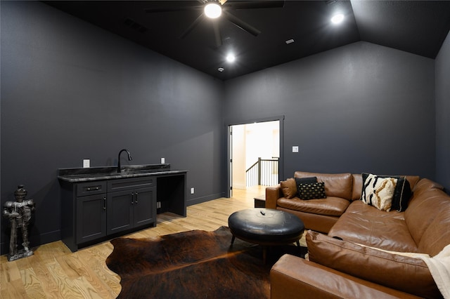 105 Shawnee Trl, Pottsboro, TX 75076 - living room with a ceiling fan, light wood-style floors, high vaulted ceiling, and baseboards