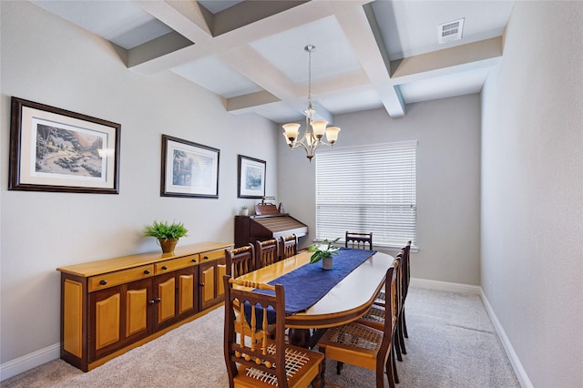 1211 Great Meadows Dr, Wylie, TX 75098 - dining space featuring coffered ceiling, light carpet, beamed ceiling, baseboards, and a chandelier