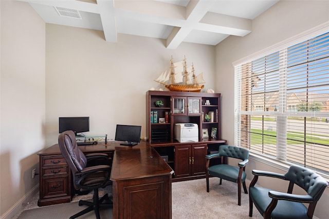 1211 Great Meadows Dr, Wylie, TX 75098 - home office featuring coffered ceiling, light carpet, healthy amount of natural light, beamed ceiling, and baseboards