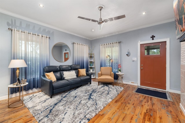 2832 Forest Ave, Fort Worth, TX 76112 - living room with wood finished floors, a ceiling fan, baseboards, recessed lighting, and crown molding