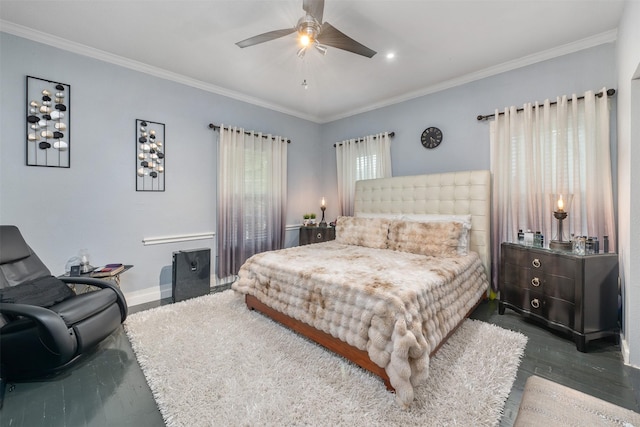 2832 Forest Ave, Fort Worth, TX 76112 - bedroom with ornamental molding, dark wood finished floors, a ceiling fan, and baseboards