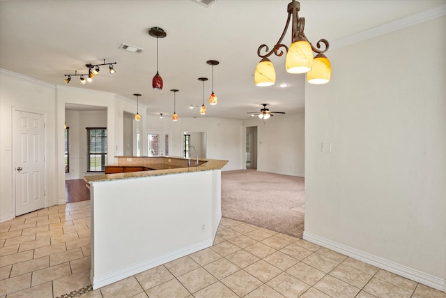 104 Spring Creek Dr, Waxahachie, TX 75165 - kitchen featuring freestanding refrigerator, light tile patterned flooring, crown molding, a ceiling fan, and light stone countertops