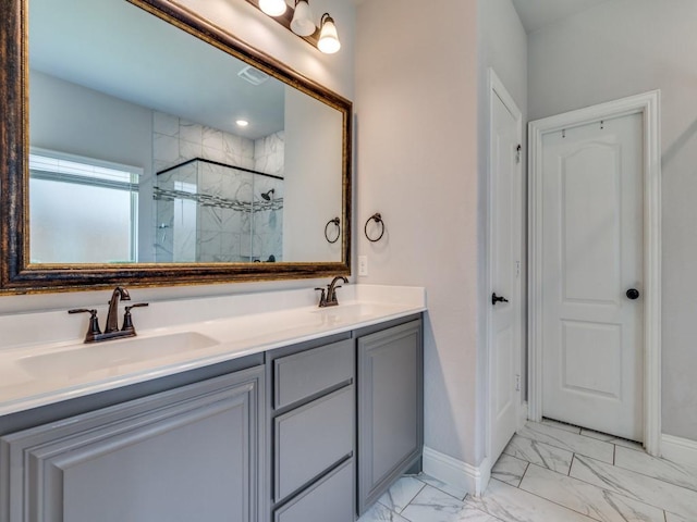 1517 Port Millstone Trl, Wylie, TX 75098 - full bathroom featuring a marble finish shower, marble finish flooring, double vanity, and baseboards