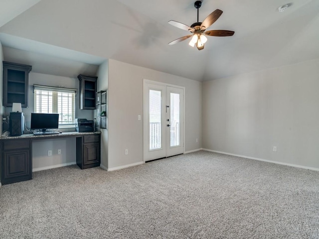 1517 Port Millstone Trl, Wylie, TX 75098 - kitchen with open shelves, a ceiling fan, lofted ceiling, light carpet, and stone countertops