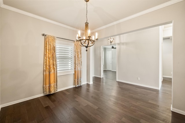704 Prairie Timber Rd, Burleson, TX 76028 - unfurnished dining area featuring a chandelier, dark wood-type flooring, ornamental molding, and baseboards