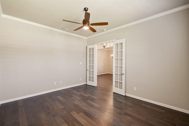 704 Prairie Timber Rd, Burleson, TX 76028 - unfurnished room featuring french doors, dark wood-style floors, a ceiling fan, baseboards, and crown molding