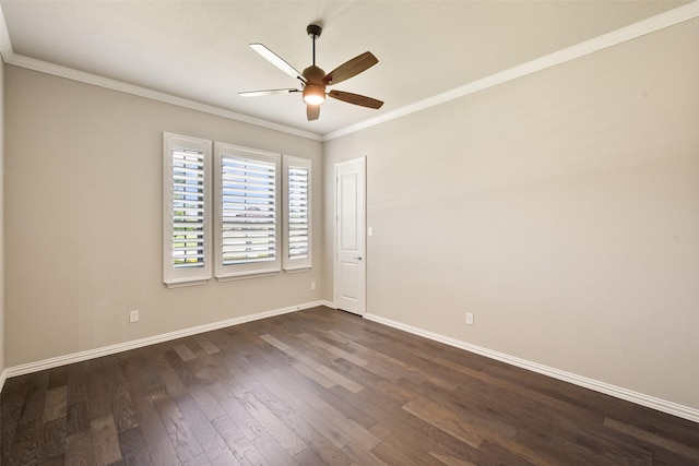 704 Prairie Timber Rd, Burleson, TX 76028 - empty room featuring a ceiling fan, dark wood-style flooring, baseboards, and crown molding