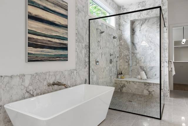 4207 Valley Ridge Rd, Dallas, TX 75220 - bathroom featuring tile walls, a marble finish shower, and a soaking tub