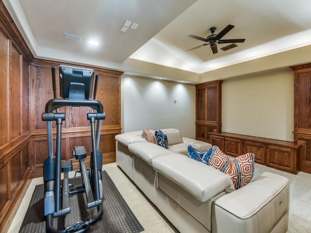 656 Clearwater Dr, Irving, TX 75039 - workout room featuring light colored carpet, a ceiling fan, a tray ceiling, and recessed lighting