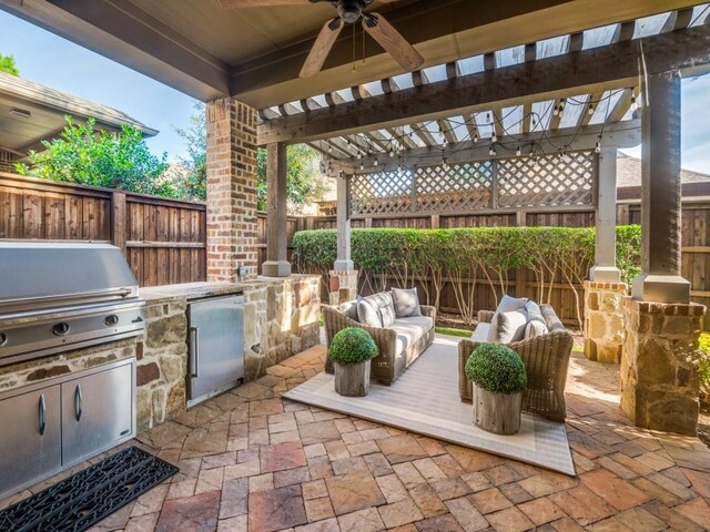 656 Clearwater Dr, Irving, TX 75039 - fenced backyard featuring a pergola, a patio area, ceiling fan, and outdoor lounge area