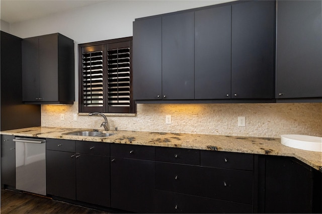 2411 N Hall St Unit 40, Dallas, TX 75204 - kitchen featuring stainless steel dishwasher, a sink, decorative backsplash, light stone counters, and dark cabinets