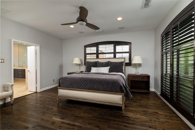 2411 N Hall St Unit 40, Dallas, TX 75204 - bedroom featuring wood finished floors, recessed lighting, ceiling fan, ensuite bathroom, and baseboards