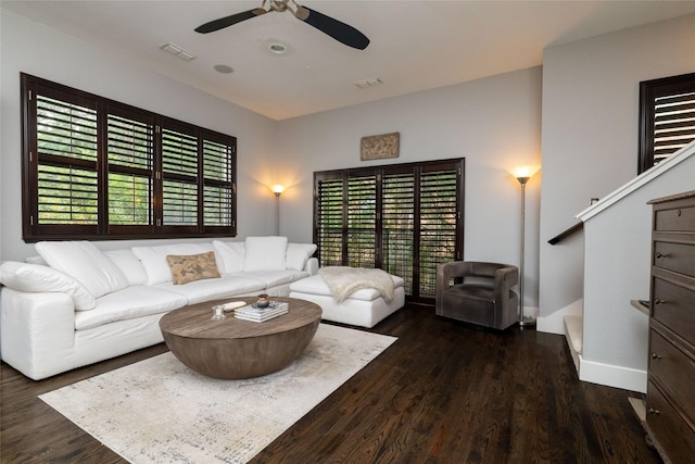 2411 N Hall St Unit 40, Dallas, TX 75204 - living room with ceiling fan, wood finished floors, and baseboards