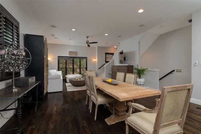 2411 N Hall St Unit 40, Dallas, TX 75204 - dining area with dark wood-style floors, stairs, recessed lighting, and a ceiling fan