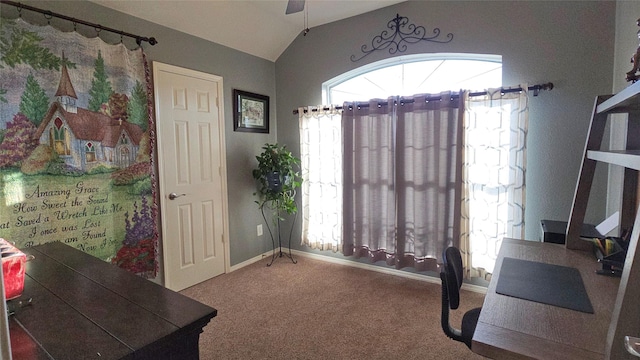 504 Greenwood Ln, Krum, TX 76249 - carpeted office with a ceiling fan, baseboards, and vaulted ceiling