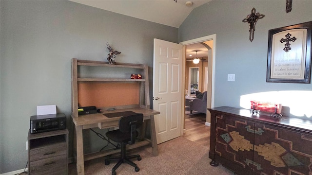 504 Greenwood Ln, Krum, TX 76249 - carpeted home office with ceiling fan and vaulted ceiling