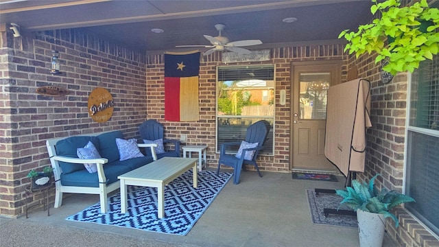 504 Greenwood Ln, Krum, TX 76249 - view of patio / terrace with ceiling fan and an outdoor living space