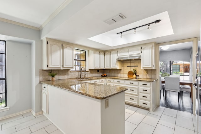 4130 High Star Ln, Dallas, TX 75287 - kitchen featuring a sink, healthy amount of natural light, light stone countertops, backsplash, and ornamental molding