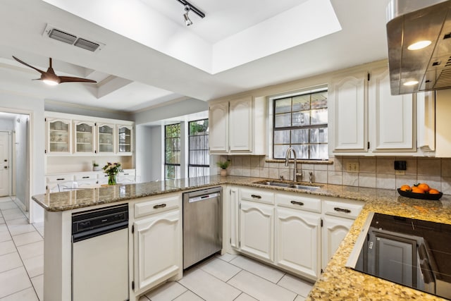 4130 High Star Ln, Dallas, TX 75287 - kitchen featuring stainless steel dishwasher, a sink, extractor fan, a peninsula, and black electric stovetop