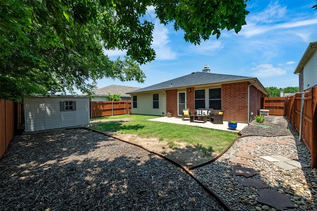 2104 Blanco Ln, Justin, TX 76247 - rear view of house with brick siding, an outdoor hangout area, a patio area, and central AC