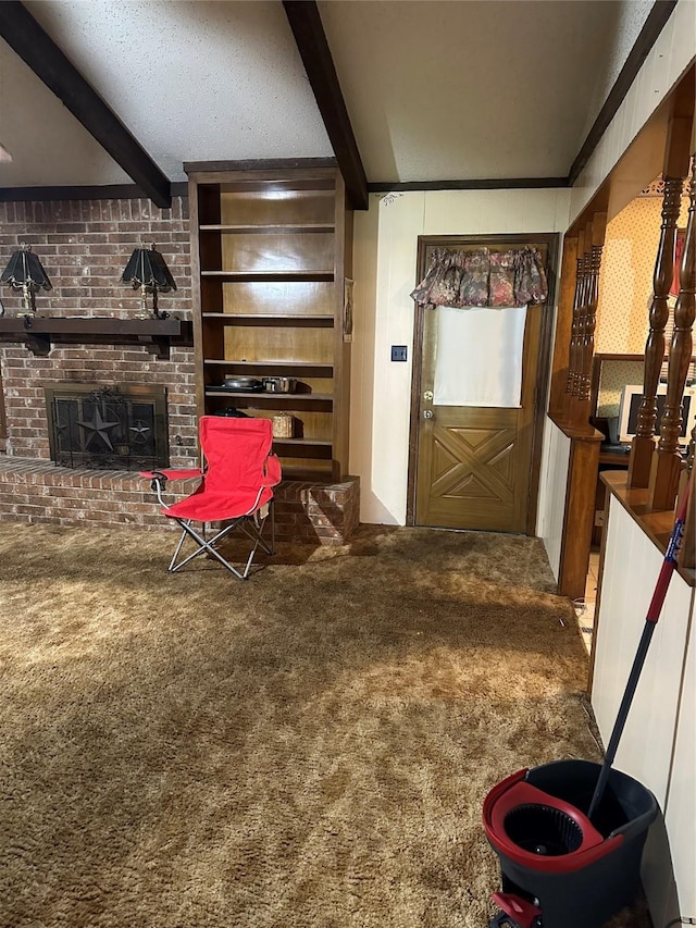 7204 Bobtail Cir, Shreveport, LA 71129 - living area with beam ceiling, carpet floors, and a fireplace