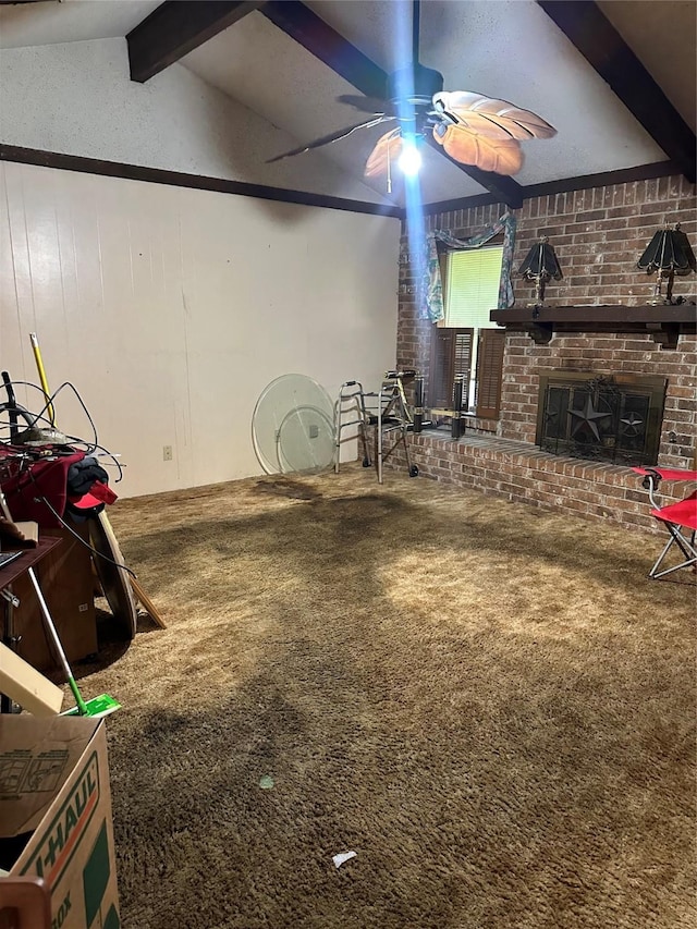 7204 Bobtail Cir, Shreveport, LA 71129 - interior space featuring carpet, a ceiling fan, and a brick fireplace