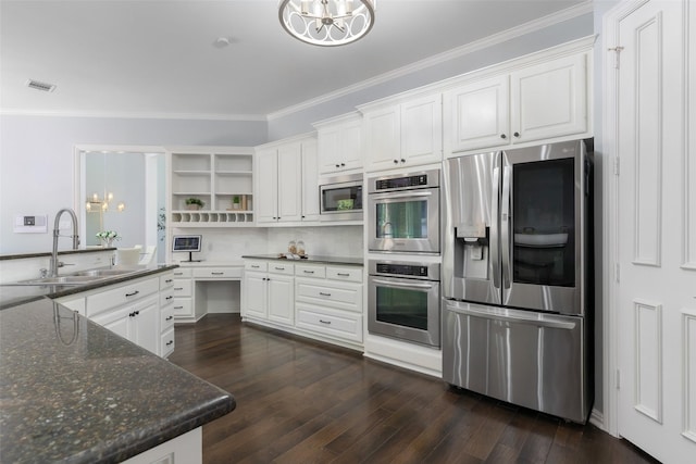 5617 Lindsey Dr, Plano, TX 75093 - kitchen featuring appliances with stainless steel finishes, a sink, open shelves, crown molding, and dark wood-style flooring