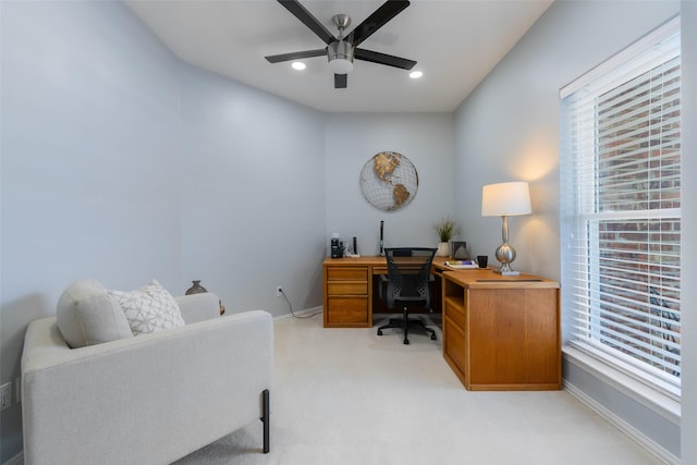 5617 Lindsey Dr, Plano, TX 75093 - office featuring a ceiling fan, light colored carpet, baseboards, and recessed lighting
