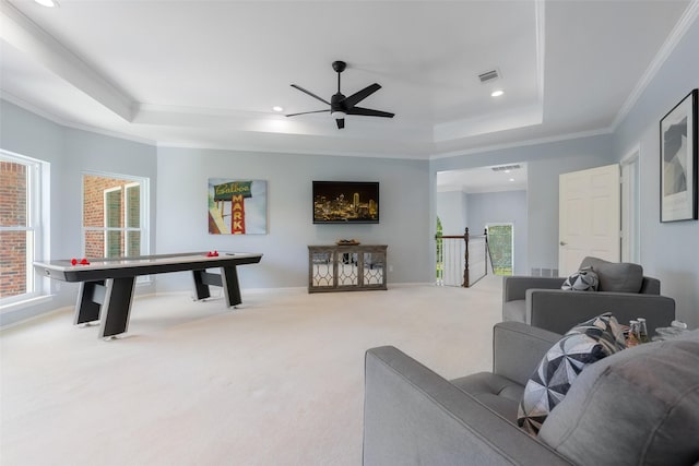 5617 Lindsey Dr, Plano, TX 75093 - playroom featuring a tray ceiling, carpet flooring, ornamental molding, ceiling fan, and recessed lighting