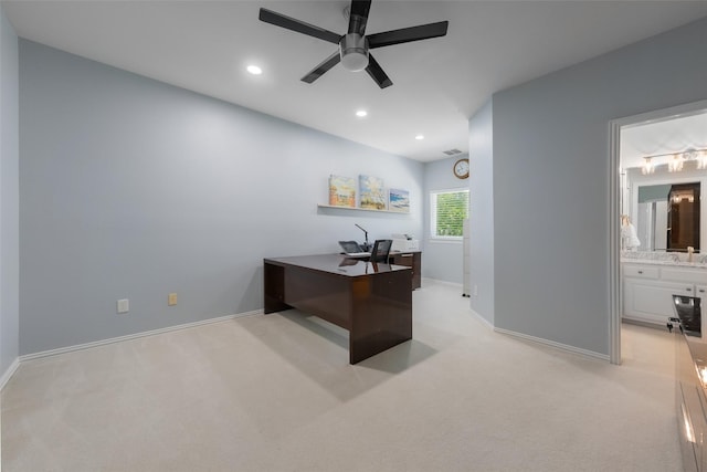 5617 Lindsey Dr, Plano, TX 75093 - office area featuring a ceiling fan, light carpet, a sink, baseboards, and recessed lighting