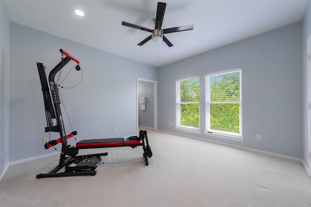 5617 Lindsey Dr, Plano, TX 75093 - workout room featuring carpet flooring, baseboards, a ceiling fan, and recessed lighting