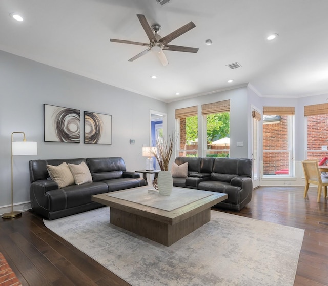 5617 Lindsey Dr, Plano, TX 75093 - living room with crown molding, wood-type flooring, ceiling fan, recessed lighting, and baseboards