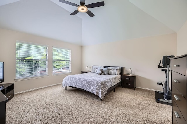 631 Ridgemont Dr, Allen, TX 75002 - bedroom featuring carpet flooring, baseboards, a ceiling fan, and high vaulted ceiling