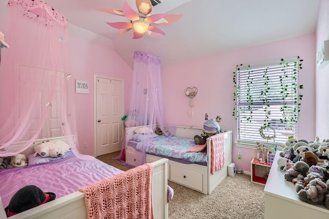631 Ridgemont Dr, Allen, TX 75002 - bedroom featuring a ceiling fan, light carpet, and vaulted ceiling