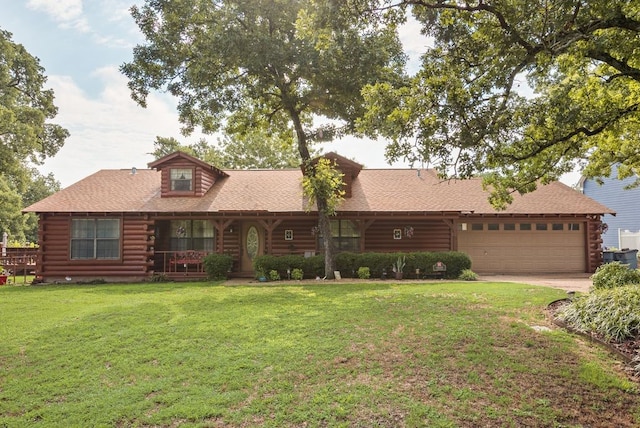 14213 Clark Dr, Streetman, TX 75859 - log-style house with log exterior, an attached garage, a front lawn, roof with shingles, and driveway