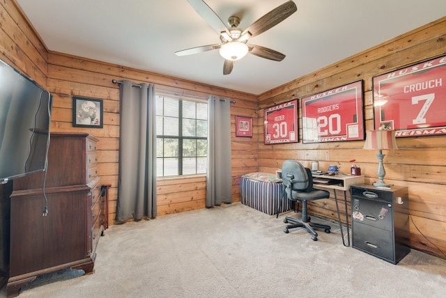 14213 Clark Dr, Streetman, TX 75859 - office area featuring wooden walls, carpet floors, and a ceiling fan