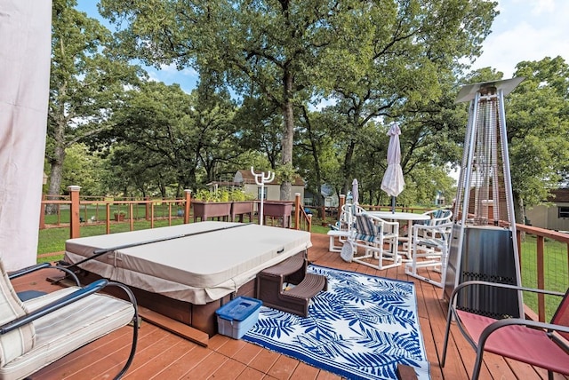 14213 Clark Dr, Streetman, TX 75859 - wooden terrace with a hot tub and outdoor dining space